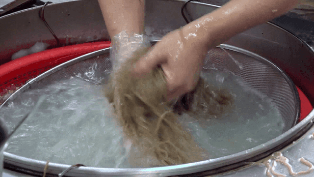 차가운 물에 메밀면을 빠르게 씻는 손