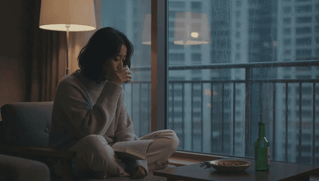 Woman sitting alone by the window on a rainy day, drinking soju.