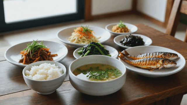 Full Korean meal consisting of grilled fish and various side dishes