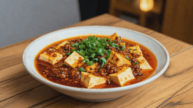 Mapo tofu with spicy sauce and green onions