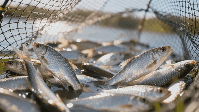 Freshly caught fish in a net by the water