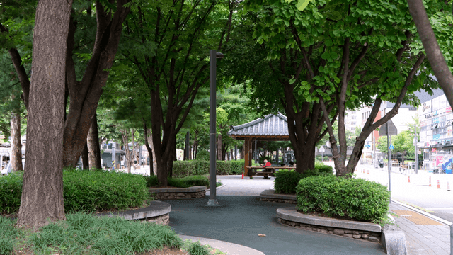 Peaceful park with a traditional pavilion