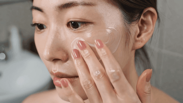 Woman applying skincare cream to her face