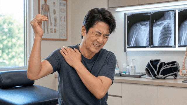 Middle-aged men suffering from shoulder pain at clinic