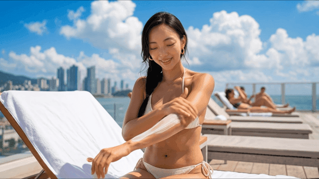 Woman applying sunscreen by the pool