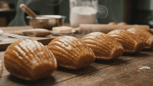 Freshly baked madeleines on a wooden table