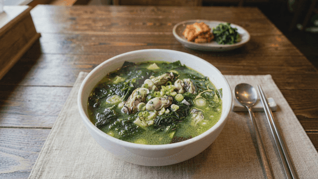 Bowl of oyster seaweed soup on table.