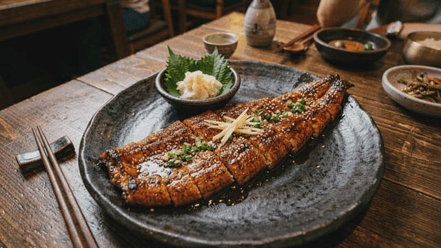 Grilled eel in soy sauce on wooden table