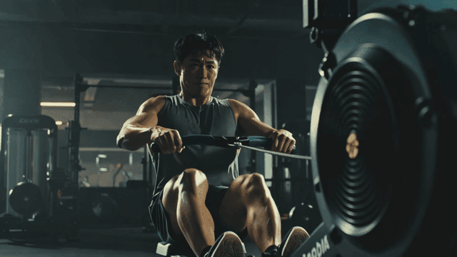 체육관에서 로잉 머신으로 운동하는 남성