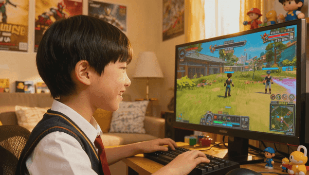 Elementary boy enjoying computer game happily