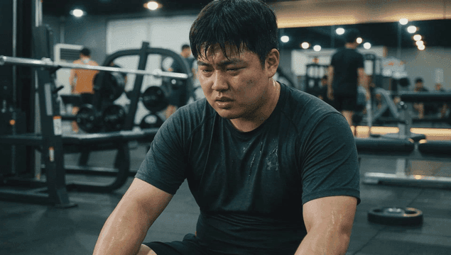 Fat man resting after intense workout at gym