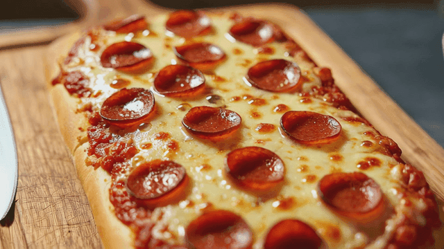 Freshly baked square pepperoni pizza on cutting board