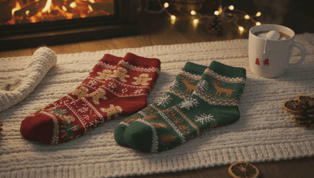 벽난로 옆 아늑한 크리스마스 양말