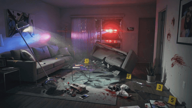 Crime scene in messy living room.