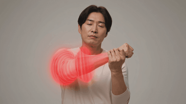 Man with his eyes closed in pain in his elbow