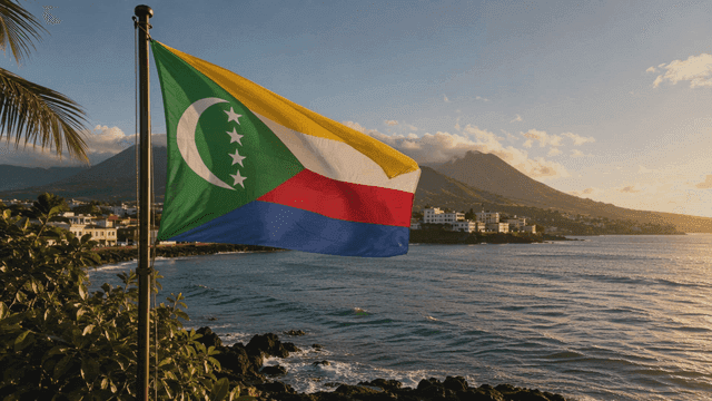 Comoros Union flag on beach overlooking mountains and sea
