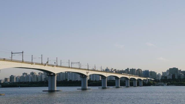 Serene view of a cityscape and a bridge over a river