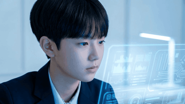 Male student concentrating on holographic display