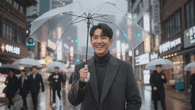 비 오는 날 우산을 쓴 남자의 미소