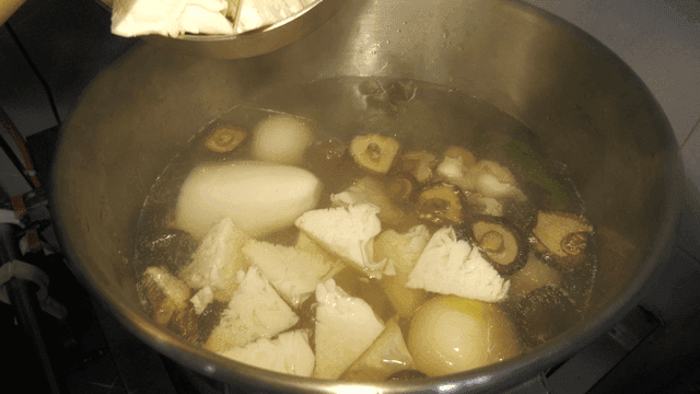 Cabbage cores added to boiling broth