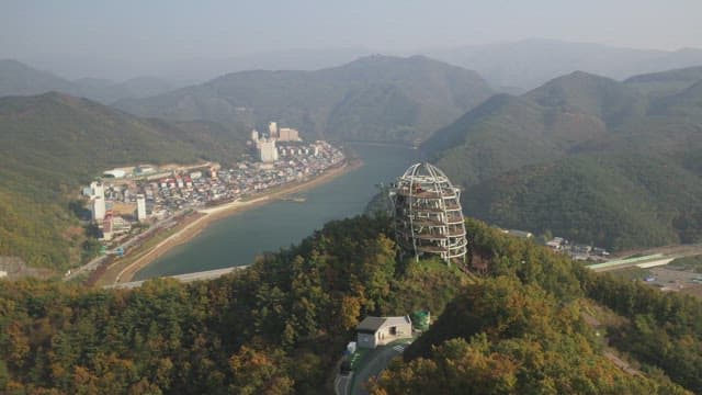 Scenic Mountains and River Seen from a Skywalk