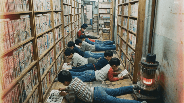Children reading comic books in hallway of comic book store