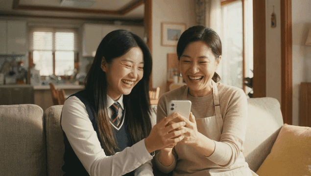 Mother and daughter smiling while looking at their cell phones