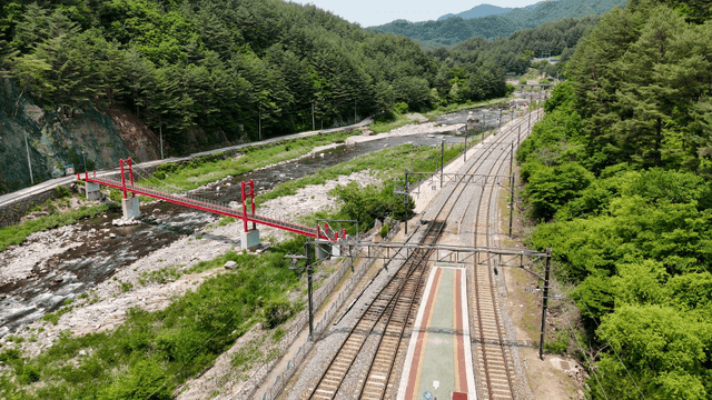 Railway tracks beside a river and forest