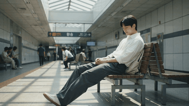 Man resting on subway station bench
