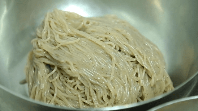 Cold noodles in a metal bowl