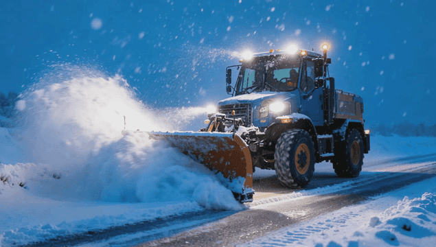 Snowplow clearing a snowy road at night