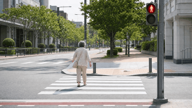 Elderly woman crossing crosswalk on red light