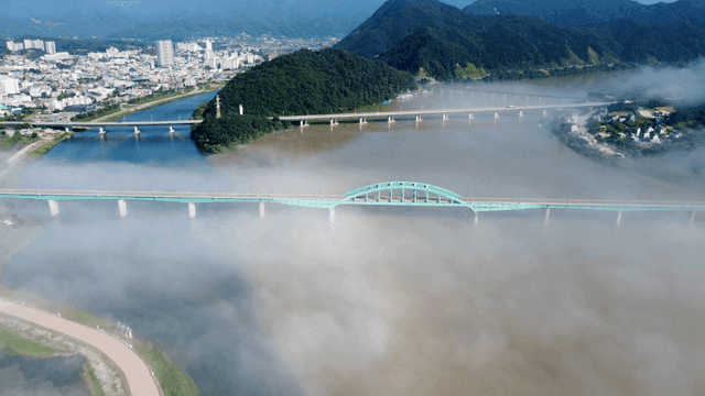 Cityscape with bridge and morning fog