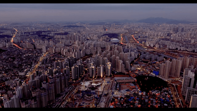 Sprawling cityscape at dusk