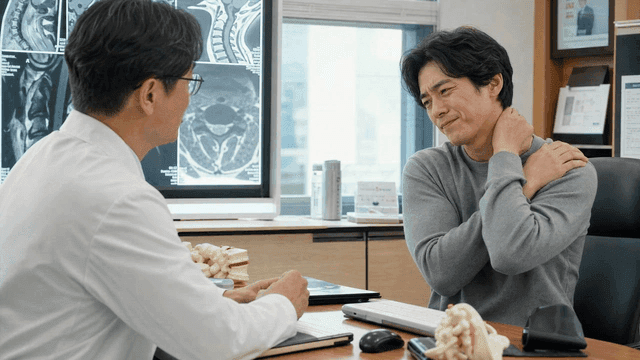 Male patient consulting doctor about neck pain