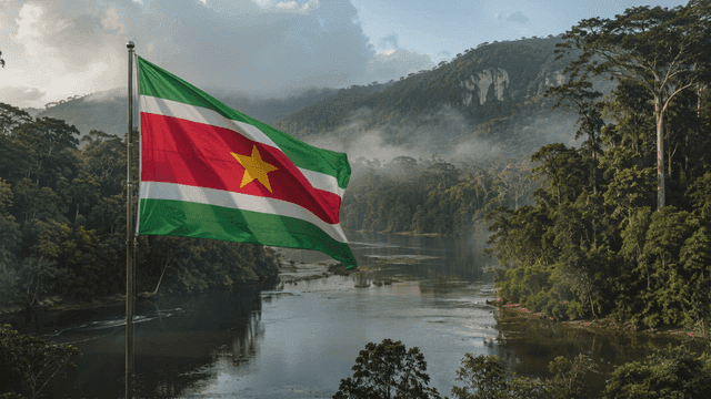 River flowing through dense forest with Suriname flags