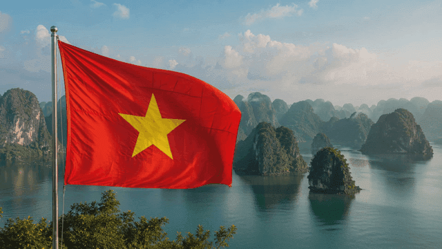 Vietnamese flag fluttering over beautiful bay
