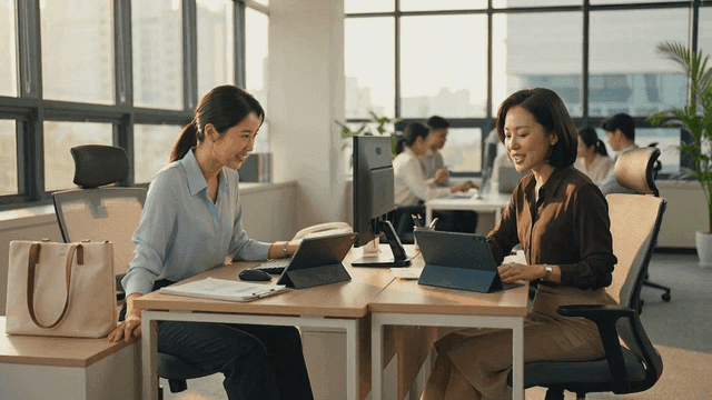 Two women discussing work at a desk