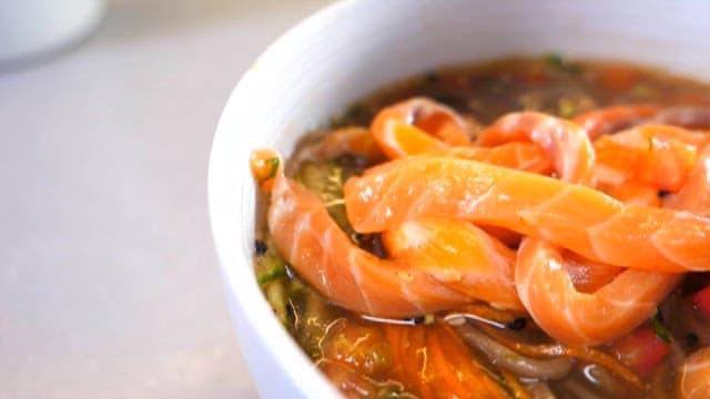 Delicious Salmon Tomato Noodles in a Bowl