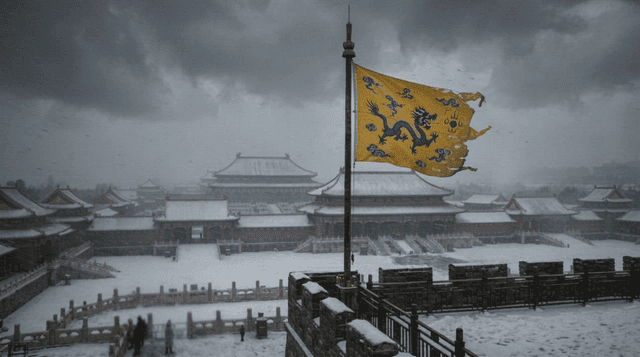 Snow-covered Forbidden City with Qing Dynasty flag fluttering