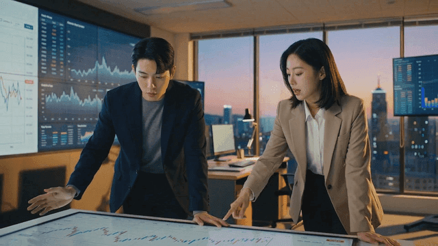 Office workers discussing financial data