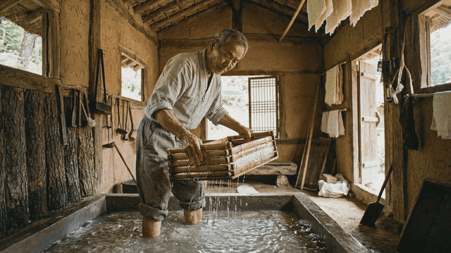 Elderly man making traditional paper in workshop