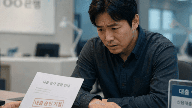 은행에서 대출 거절 통지 받는 남자