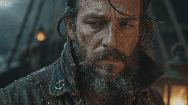 Rough European pirate white man on ship