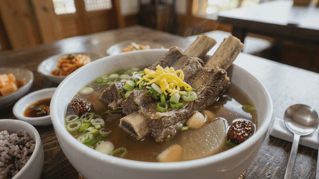 A steaming bowl of galbitang with side dishes