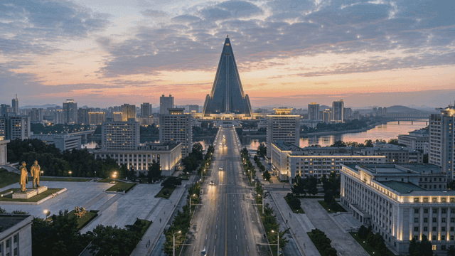 North Korean city landscape of Pyongyang with prominent tower