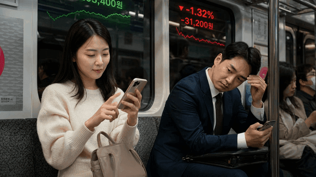 지하철에서 주식 가격을 확인하는 승객들