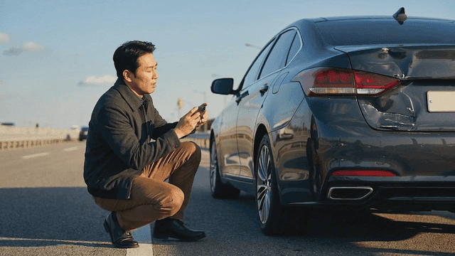Man recording vehicle damage on road with his cell phone