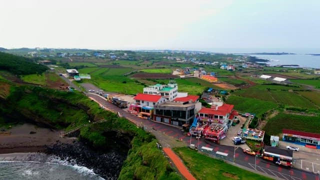 Picturesque coastal village with farmland and ocean view