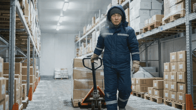 Worker moving boxes in a cold storage